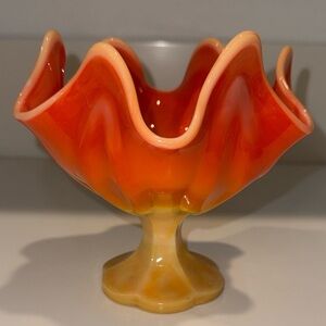 VINTAGE L.E. Smith Bittersweet Orange Slag Glass Compote Pedestal Dish, 70s MCM